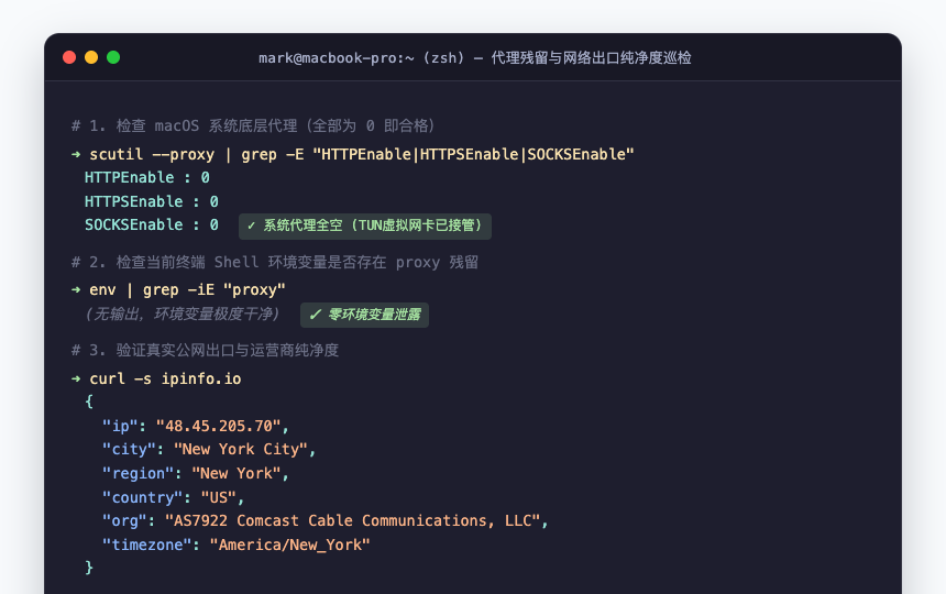 终端网络与代理残留巡检：系统代理全 0、环境变量零泄露、纯净住宅出口验证