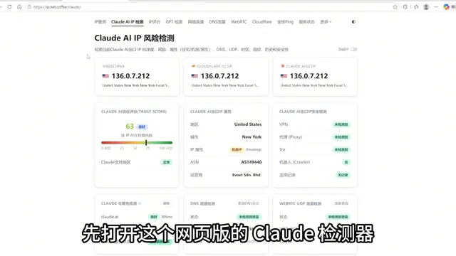 Claude AI IP 风险检测器页面总览：出口 IP、Trust Score 信任分、IP 属性与安全检测面板