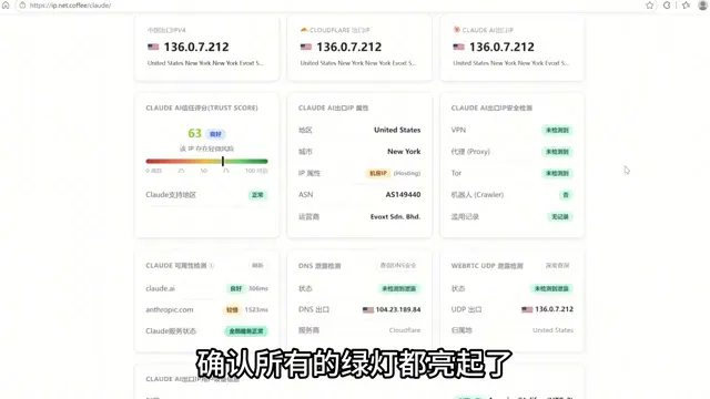 IP 检测页所有指标全部变绿：三处出口 IP 一致，DNS 与 WebRTC 无泄露